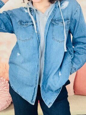Risen Oversized Zip Up Layered-Look Denim Jacket with Gray Hoodie Size Medium
